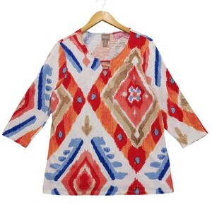 Chicos Womens Size 2 L V Neck 3/4 Sleeve Ikat Print Tunic Top White Red Blue